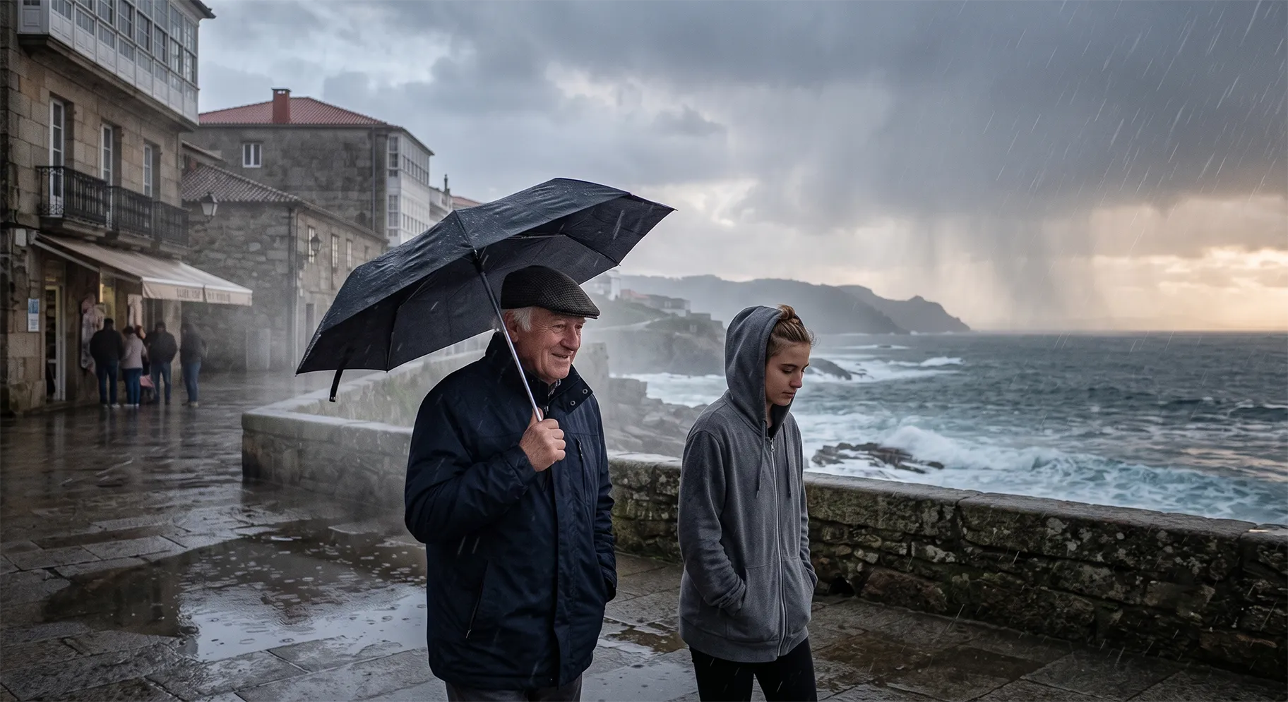 Ambiente atlántico galego baixo a choiva, representando o orballo e o clima de Galicia